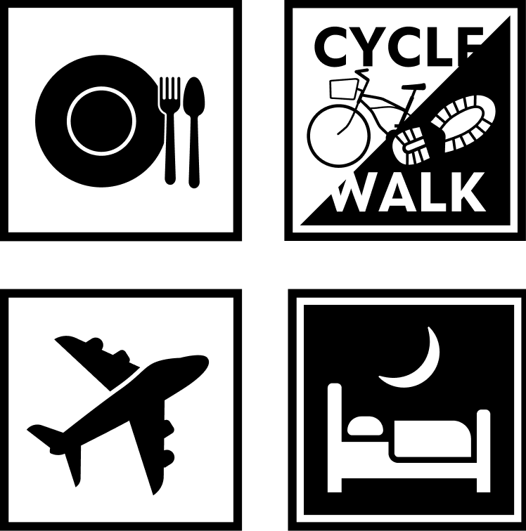 Meal icon, Bicycle icon, Airport icon, Bed icon